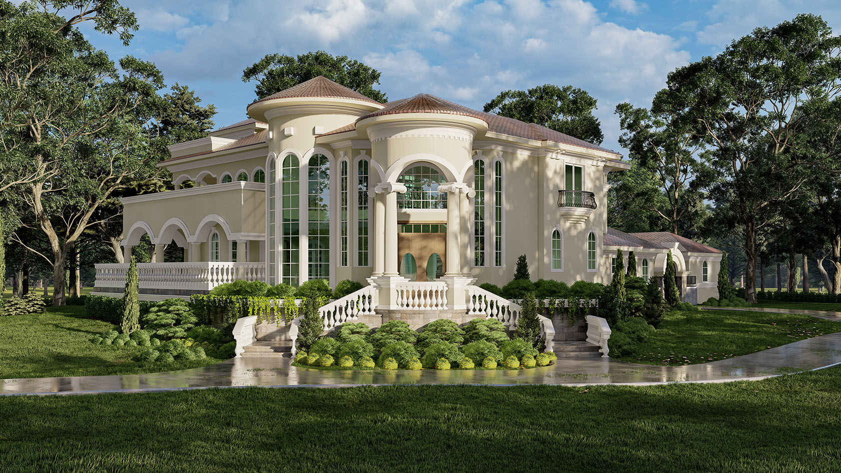 Photorealistic 3D exterior rendering before and after view